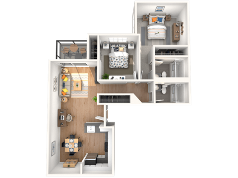 Floor plan for 2 beds, 2 baths, 866 sqft